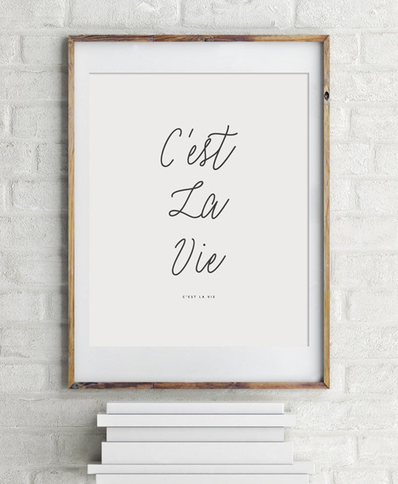 May include: A framed print with the French phrase "C'est La Vie" in black cursive script on a white background.