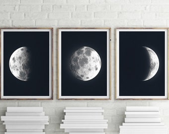 Tríptico Luna - ARCHIVO IMPRIMIBLE. Impresiones de arte lunar de La Luna. Impresión de luna lunar. Juego de 3. Arte del Sistema Solar. Arte del dormitorio celestial. Decoración Tumblr