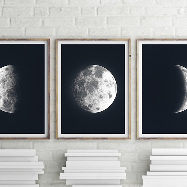 Moon Triptych - PRINTABLE FILE. La Luna Moon Art Prints. Lunar Moon Print. Set of 3. Solar System Art. Celestial Dorm Room Art. Tumblr Décor