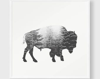 American Buffalo Bison Poster - PRINTABLE FILE. Buffalo Silhouette. Wild Animal Print. Forest Print. Modern Minimal Monochrome Décor.