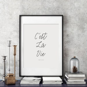 May include: A black framed print with the French phrase "C'est La Vie" in cursive script on a white background.