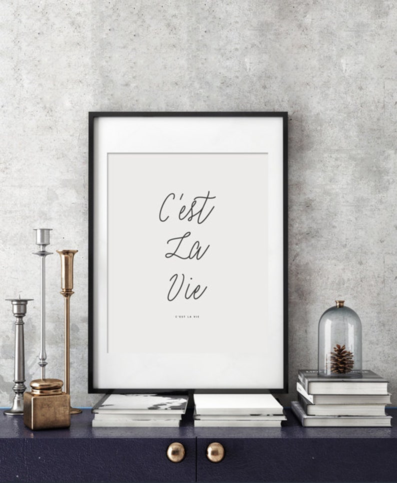 May include: A black framed print with the French phrase "C'est La Vie" in cursive script on a white background.