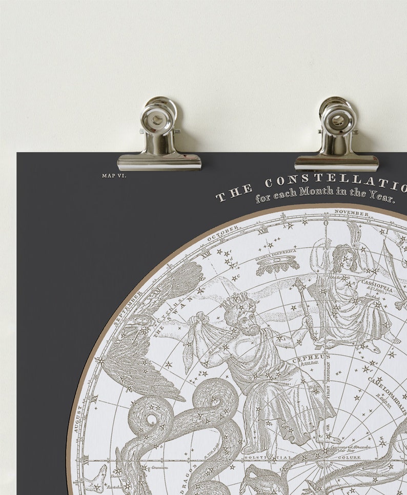 May include: A vintage style illustration of constellations for each month of the year. The illustration is in black and white and features the constellations of Cassiopeia, Cepheus, and Camelopardalis.