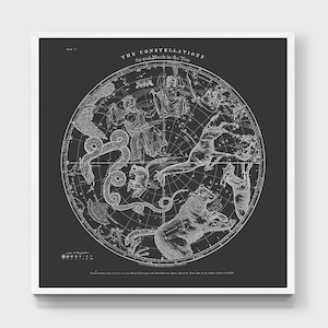 K&ouml;nnte beinhalten: Eine Schwarzwei&szlig;-Vintage-Illustration von Sternbildern f&uuml;r jeden Monat des Jahres. Die Sternbilder sind als himmlische Figuren und Tiere dargestellt, darunter eine Schlange, ein B&auml;r und ein Stier. Der Text "THE CONSTELLATIONS For each Month in the Year" befindet sich oben im Bild.
