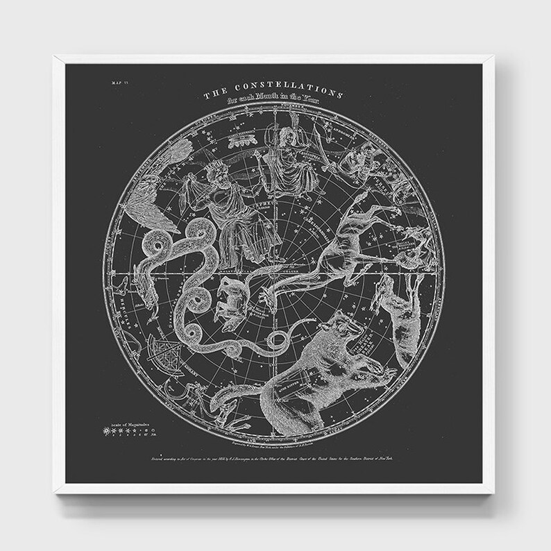 K&ouml;nnte beinhalten: Eine Schwarzwei&szlig;-Vintage-Illustration von Sternbildern f&uuml;r jeden Monat des Jahres. Die Sternbilder sind als himmlische Figuren und Tiere dargestellt, darunter eine Schlange, ein B&auml;r und ein Stier. Der Text "THE CONSTELLATIONS For each Month in the Year" befindet sich oben im Bild.