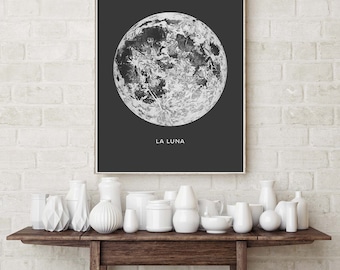 Cartel de luna llena. La Luna Luna. Luna lunar. Impresión vintage de Luna. Arte del sistema solar. Arte del dormitorio celestial. Arte espacial independiente. Cartel bohemio.