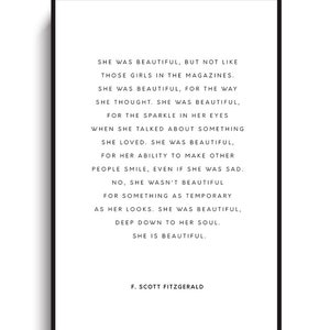F. Scott Fitzgerald Quote - PRINTABLE FILE. She Was Beautiful. Inspirational Quote Printable. Literary Quote Print. Romantic Love Wall Art.