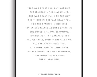 F. Scott Fitzgerald Quote - PRINTABLE FILE. She Was Beautiful. Inspirational Quote Printable. Literary Quote Print. Romantic Love Wall Art.