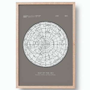 Poster delle costellazioni della mappa stellare. Mappa del cielo. Stampa di astronomia vintage moderna. Mappa celeste grigio caldo. Galleria d'arte da parete.