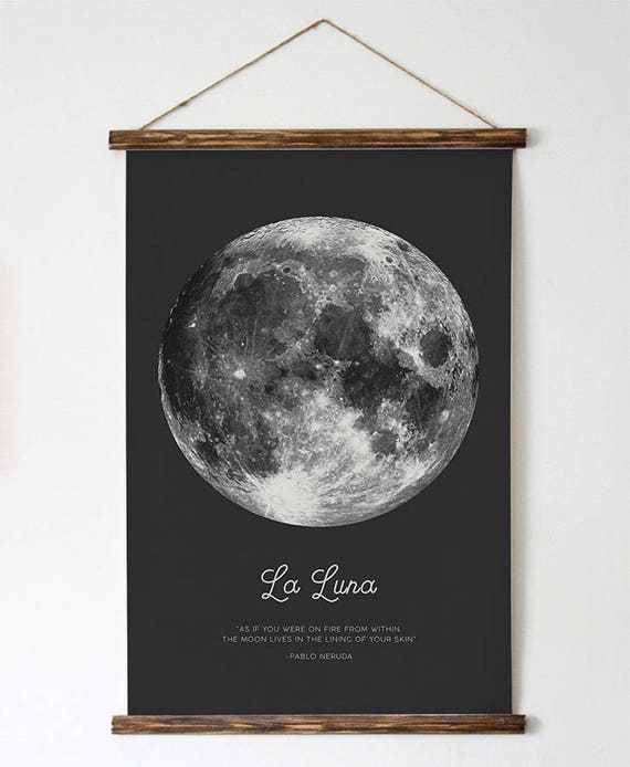 Full Moon Poster. La Luna. Pablo Neruda Quote. Moon Print. Vintage Luna  Print. Solar System Art. Astronomy Print. Black Bohemian Poster. 
