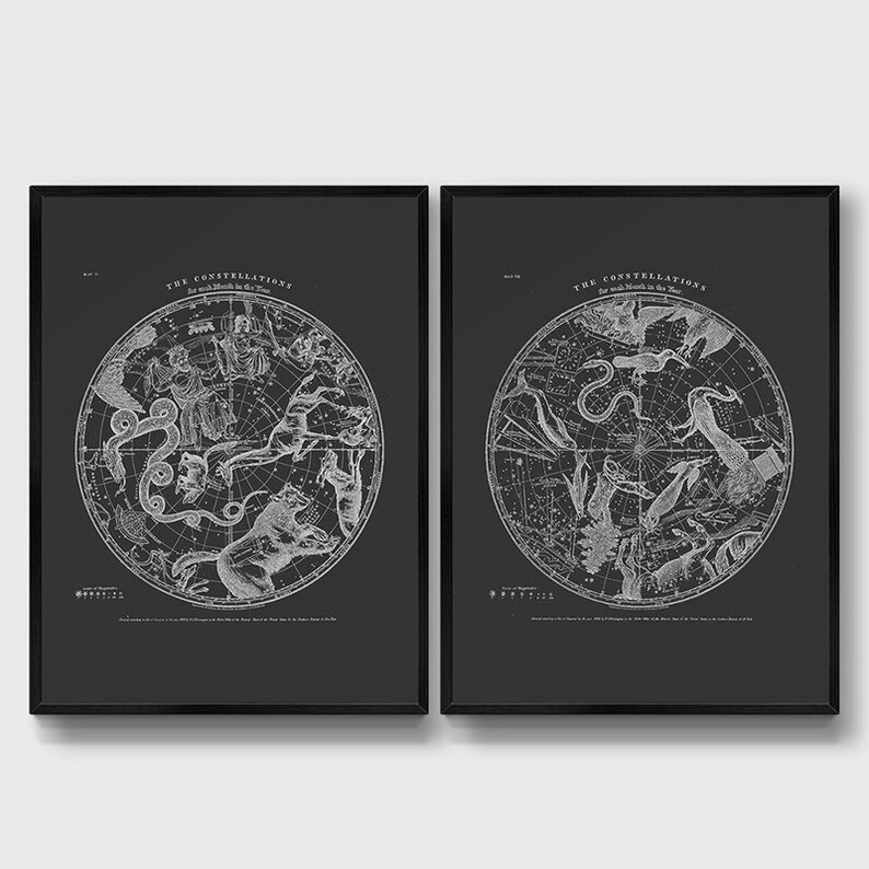 K&ouml;nnte beinhalten: Zwei schwarze gerahmte Drucke mit wei&szlig;en Illustrationen von Sternbildern. Die Drucke zeigen den Text "Die Sternbilder der n&ouml;rdlichen Hemisph&auml;re" und "Die Sternbilder der s&uuml;dlichen Hemisph&auml;re".