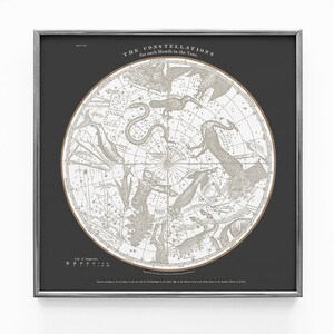 May include: A black and white vintage illustration of the constellations for each month of the year. The constellations are depicted in a circular design with a dark gray background. The title "THE CONSTELLATIONS for each Month in the Year." is printed at the top of the image.