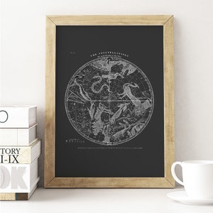 K&ouml;nnte beinhalten: Eine Schwarz-Wei&szlig;-Vintage-Illustration von Sternbildern auf schwarzem Hintergrund. Das Bild ist in einem hellen Holzrahmen gerahmt. Der Titel der Illustration lautet "The Constellations" und der Text unter der Illustration lautet "For the use of Schools in the Year 1795."