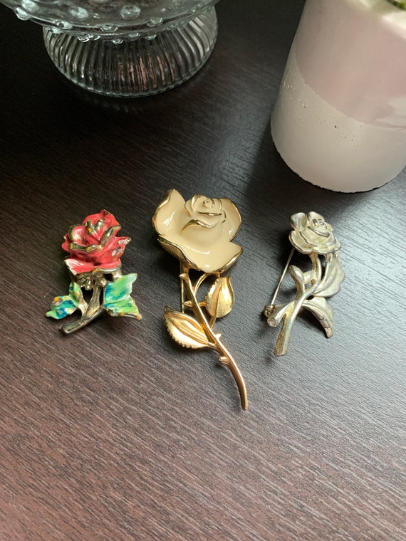 Lot of Three Vintage Rose Brooches