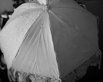 Wedding Second Line Umbrella with Lace Fringe, White and Ostrich Feathers