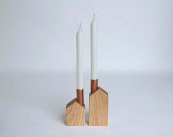 Set of 2 homemade candlesticks, wooden and copper candlesticks, minimalist candle holders, Slow Design Hygge