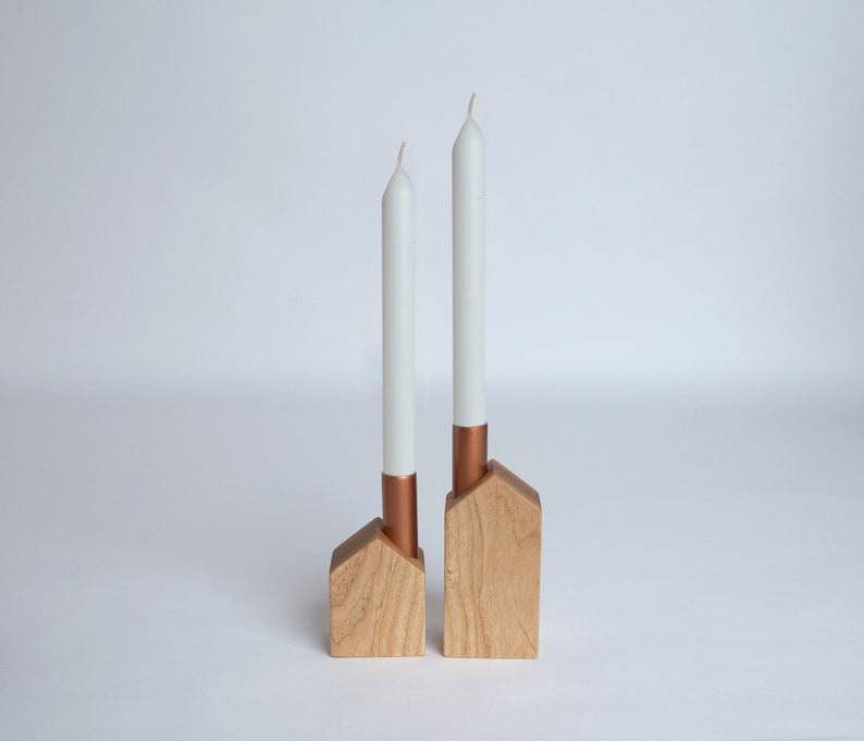 Set of 2 homemade candlesticks, wooden and copper candlesticks, minimalist candle holders, Slow Design Hygge image 1