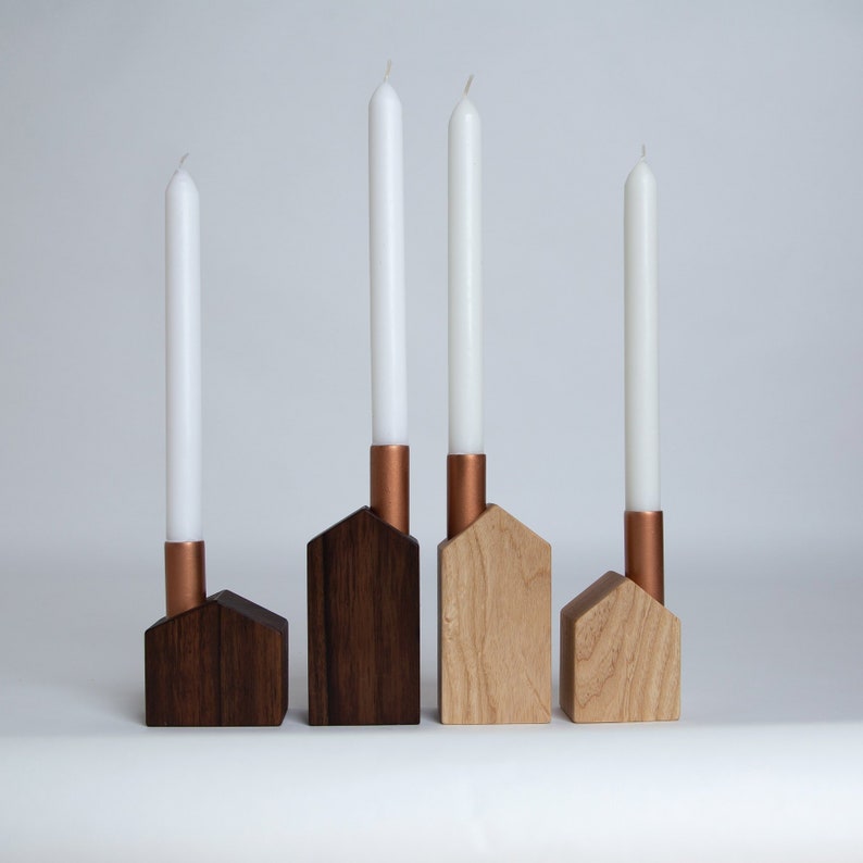 Set of 2 homemade candlesticks, wooden and copper candlesticks, minimalist candle holders, Slow Design Hygge image 2