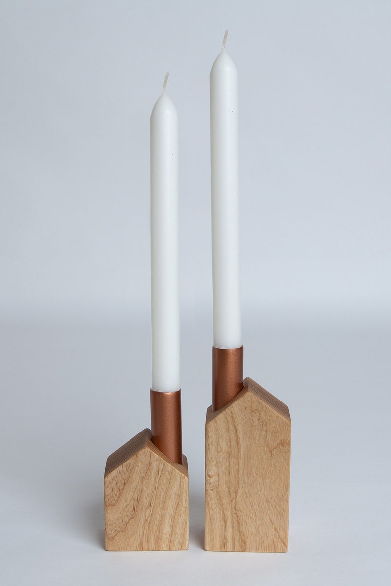 Set of 2 homemade candlesticks, wooden and copper candlesticks, minimalist candle holders, Slow Design Hygge image 3