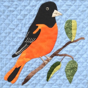 May include: A quilted textile art piece featuring a vibrant orange and black bird perched on a brown branch with green leaves. The bird has a black head and tail, with white accents. The background is a light blue quilted pattern.