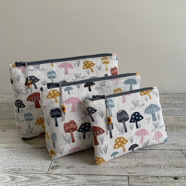 Makeup Bag Set, Mushroom Zipper Pouch, Canvas Fabric, Travel Organizer Set, Trio Cosmetic Bag Set,  Mother's Day Gift