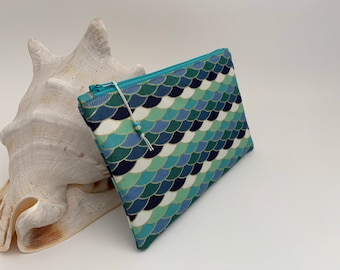 Mermaid Scales Zipper Pouch, Flat Makeup Bag, Teacher Gift, Beach Zipper Pouch, Turquoise Bag, Tech Accessory Bag