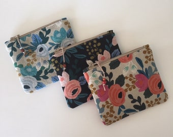 Small Flower Zipper Pouch, Rifle Paper Co Fabric, Garden Party Rosa Natural Canvas, Pink Floral Coin Pouch, Zipper Bag, Valentine's Day Gift