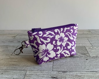 Mini Zipper Pouch, Purple Hawaiian Print Bag, Earbud Holder, Small Pouch W/ Clip, Hibiscus Coin Purse, Dog bag holder, Easter Basket stuffer