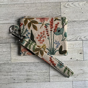 Wildflower Wristlet, Canvas Floral Fabric, Small Coin Bag With Strap, Travel Bag, Rifle Paper Co, Small Zipper Bag With Strap, Gift For Her