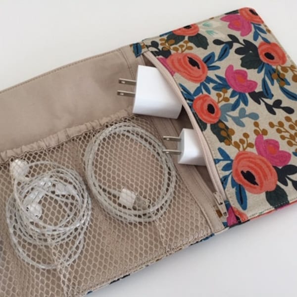 Cord Organizer, Travel Cable Holder, Rifle Paper Co. Fabric, Floral Tech Pouch, Cord Keeper, Gadget Bag, Phone Cord Holder, Tech Organizer