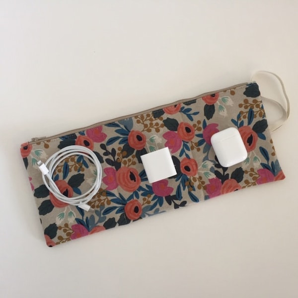 Cord Charger Storage Bag, Zipper Pouch For Cords, Tech bag, Travel Organizer, Rosa Garden Natural, Rifle Paper Co.