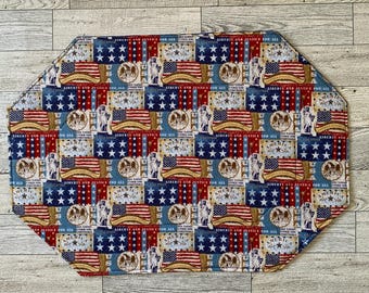 Reversible July 4th Placemats, Red White Blue Gold Patriotic Table Ware, 250th USA Birthday Decor