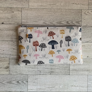 Mushroom Flat Zipper Pouch, Canvas Cosmetic Bag, Makeup Bag, Tech Storage, Mushrooms Pencil Case, Passport Holder, Mother&#39;s Day Gift
