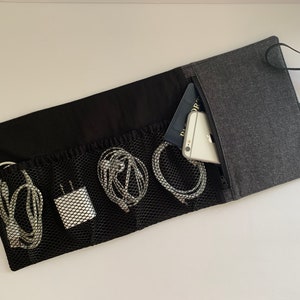 Travel Cord Organizer: Black Tech Pouch, Passport & Gadget Storage