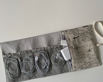 Cord Organizer, Travel Accessory Bag, World Map Tech Pouch, Cord Keeper, Gadget Bag, Phone Cord Holder, Tech Storage