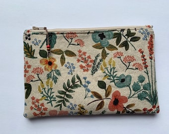 Floral Herb Zipper Pouch, Flat Zipper Bag, Rifle Paper Co. Amalfi Herb Garden Fabric, Canvas Makeup Bag, Mother's Day Gift