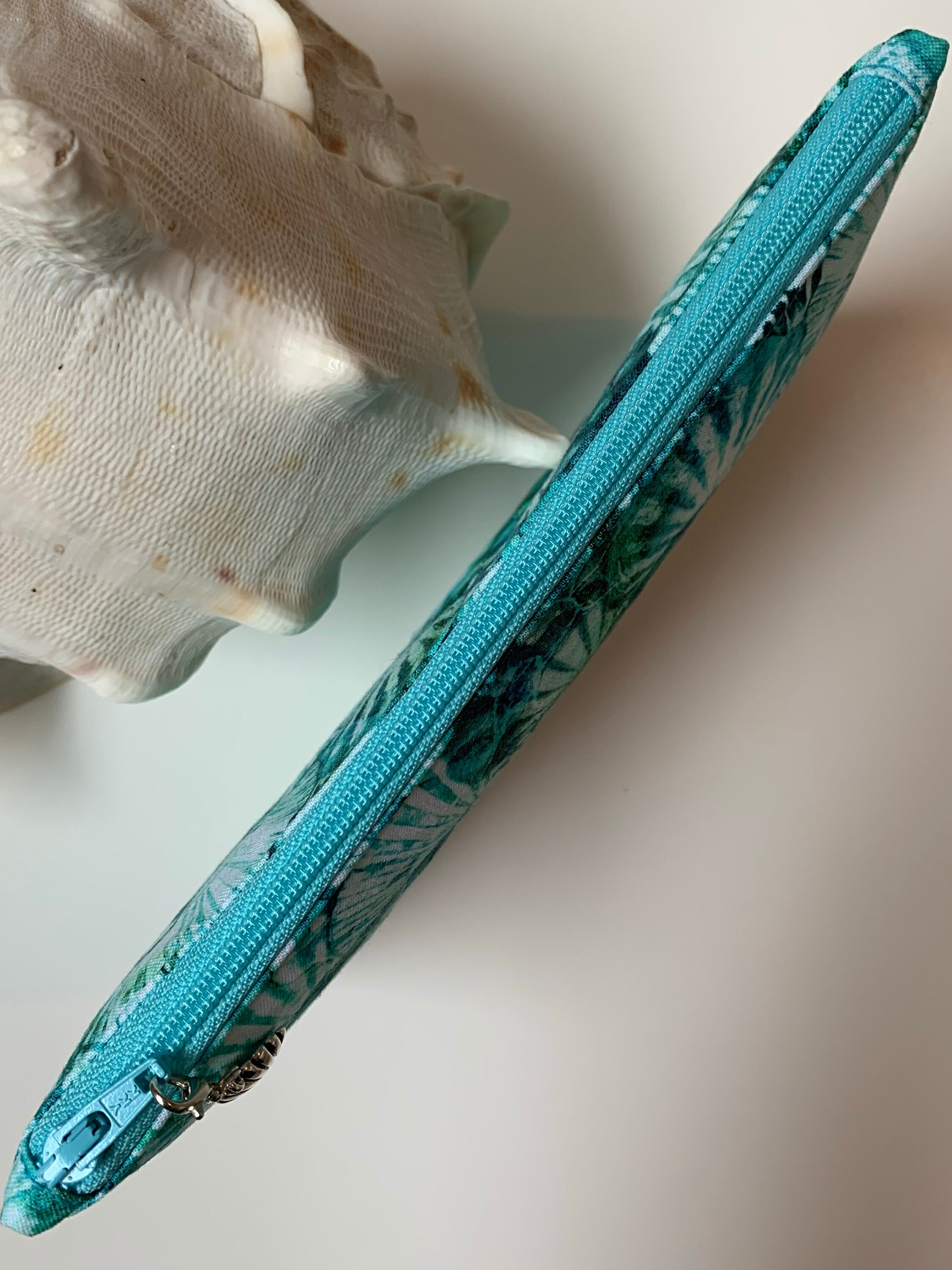 Seashell Zipper Pouch, Blue Green Flat Makeup Bag, Teacher Gift, Beach ...