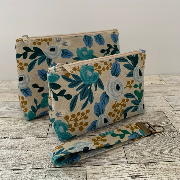 Makeup Bag Set, Rifle Paper Co. Zipper Pouch, Blue Floral Fabric, Travel Organizer Set, Cosmetic Bag, Mother's Day Gift, Key Fob