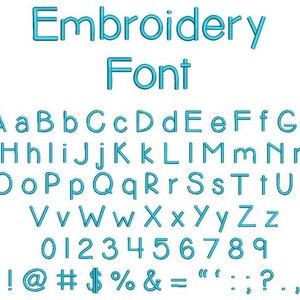 May include: A blue embroidery font chart with uppercase and lowercase letters, numbers, and punctuation marks.