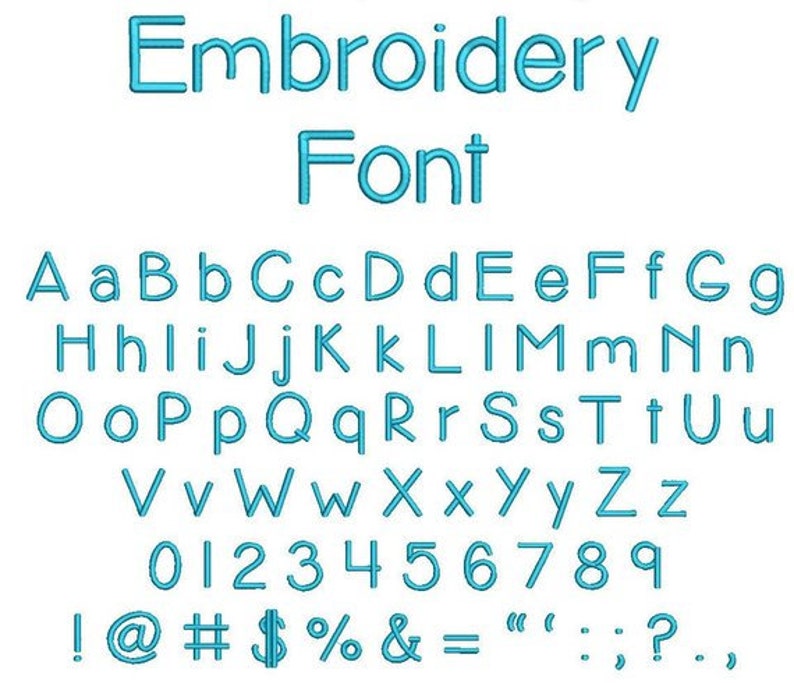 May include: A blue embroidery font chart with uppercase and lowercase letters, numbers, and punctuation marks.