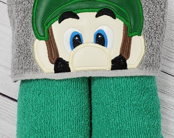 Green Plumber Hooded Towel, Kids Hooded Towel, Luigi Brother Hooded Towel, Luigi Plumber Brother Bath Towel