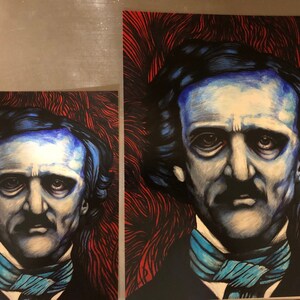 May include: A black and white illustration of Edgar Allan Poe, a famous American author, with a blue and white background. The illustration is in a dark, gothic style.