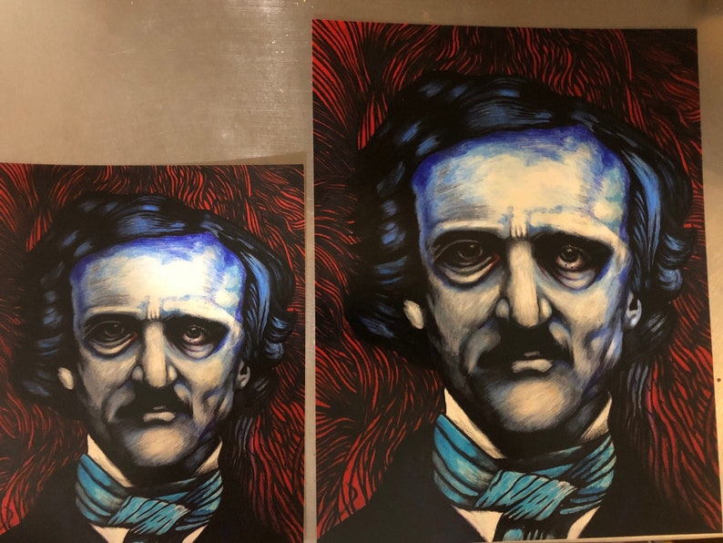 May include: A black and white illustration of Edgar Allan Poe, a famous American author, with a blue and white background. The illustration is in a dark, gothic style.