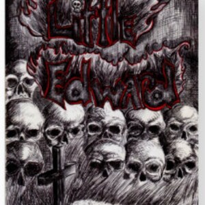 May include: Black and white illustration featuring a collection of skulls and a cross. The text "Little Evil Man" is displayed in red, outlined by flames. The artwork has a dark, gothic theme.