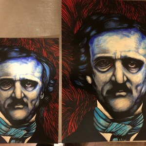 May include: A black and white illustration of Edgar Allan Poe with a blue and white scarf. The background is red and black.