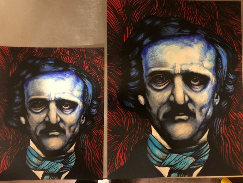 May include: A black and white illustration of Edgar Allan Poe with a blue and white scarf. The background is red and black.