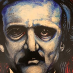 May include: A close-up portrait painting of Edgar Allan Poe, a famous American author, with a dark blue and white background. The painting is done in a realistic style and captures the author's intense gaze.