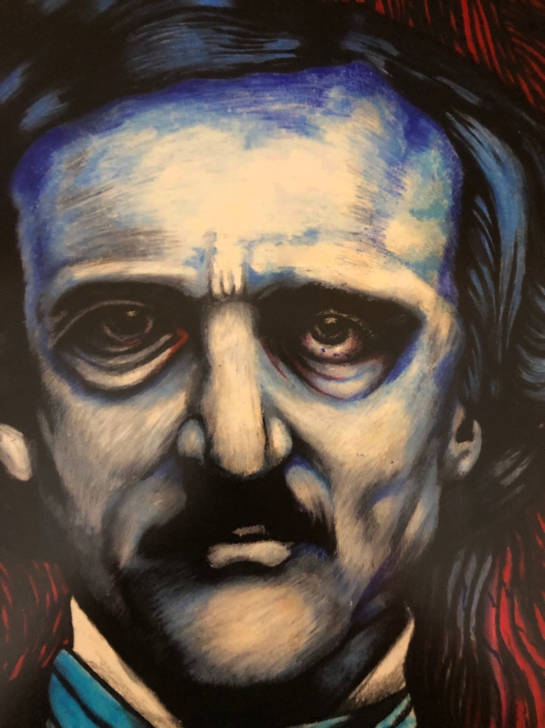 May include: A close-up portrait painting of Edgar Allan Poe, a famous American author, with a dark blue and white background. The painting is done in a realistic style and captures the author's intense gaze.