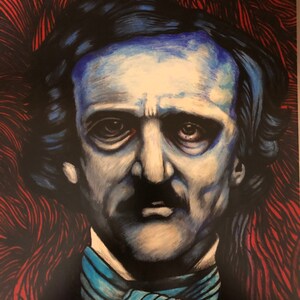 May include: A black and white portrait painting of a man with a blue and white scarf. The man has a dark mustache and a serious expression. The background is a red and black abstract design.