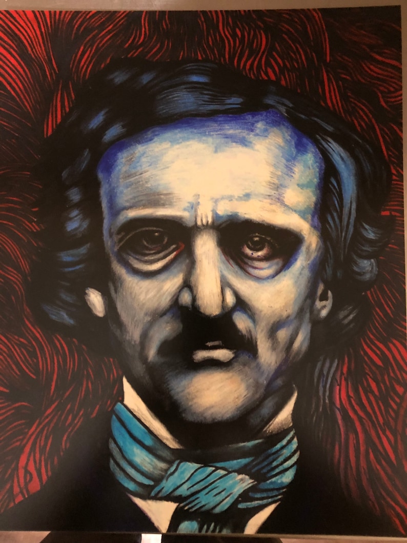 May include: A black and white portrait painting of a man with a blue and white scarf. The man has a dark mustache and a serious expression. The background is a red and black abstract design.